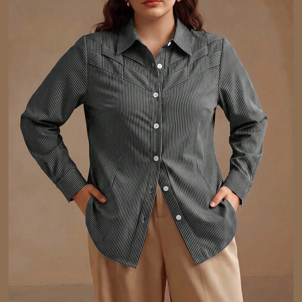 Black and White Pinstripe Woven Yoke Panel Button Front Long Sleeve Shirt